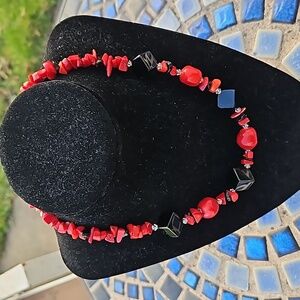 Bamboo Coral Black Glass Beaded Necklace